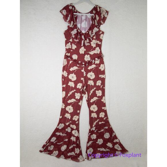 New! Free People AUSTYN brick red floral flaired pant ruffle jumpsuit, size M - Picture 4 of 16